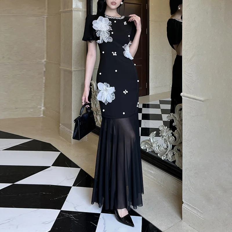 3D Flowers Splicing Diamonds Mesh Dresses Spring Women Short Sleeved O-neck Long Dress Summer High Waist Slim Knee Length Dress
3D Flowers Splicing Diamonds Mesh Dresses Spring Women Short Sleeved O-neck Long Dress Summer High Waist Slim Knee Length Dress