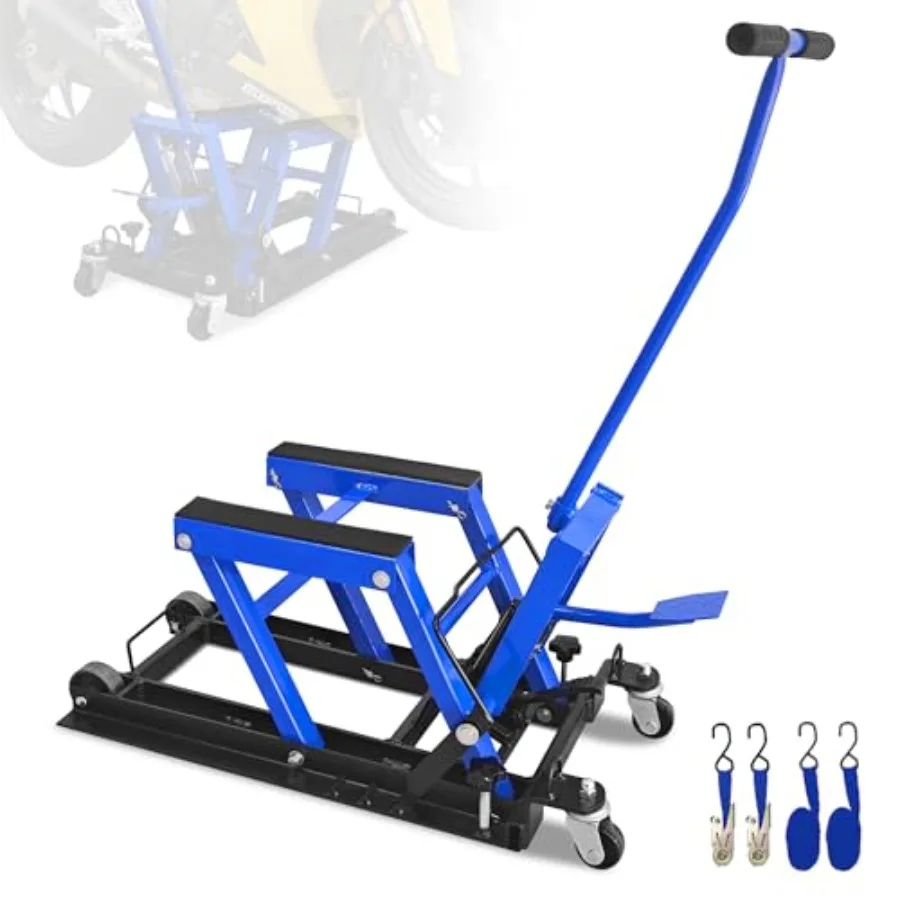 Motorcycle lift jack for garage use, heavy duty steel, blue, 1500 LBS capacity with wheels, handle, foot-operated hoist, and 2
Motorcycle lift jack for garage use, heavy duty steel, blue, 1500 LBS capacity with wheels, handle, foot-operated hoist, and 2