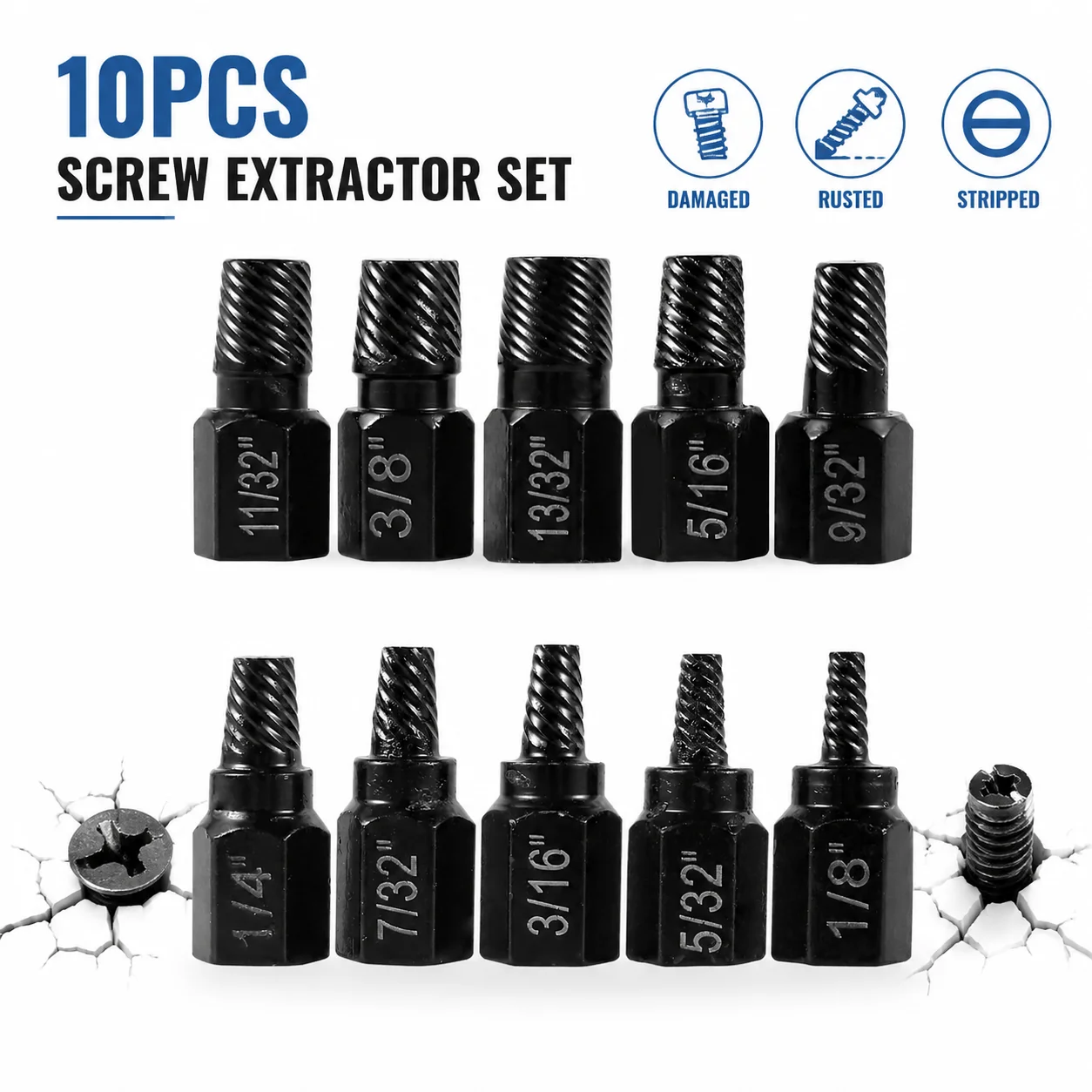 Easy Out Drill Bits 10PCS, Heavy Duty Alloy Steel Fractured Bolt Stud Remover Rounded Stripped Screw Extractor Kit
Easy Out Drill Bits 10PCS, Heavy Duty Alloy Steel Fractured Bolt Stud Remover Rounded Stripped Screw Extractor Kit