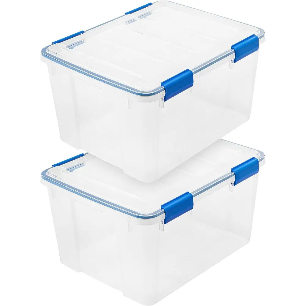 44 Qt Storage Bins, 2 Pack, BPA-Free Plastic with Gasket Seal, Stackable and Nestable Clear/Blue Tubs
44 Qt Storage Bins, 2 Pack, BPA-Free Plastic with Gasket Seal, Stackable and Nestable Clear/Blue Tubs