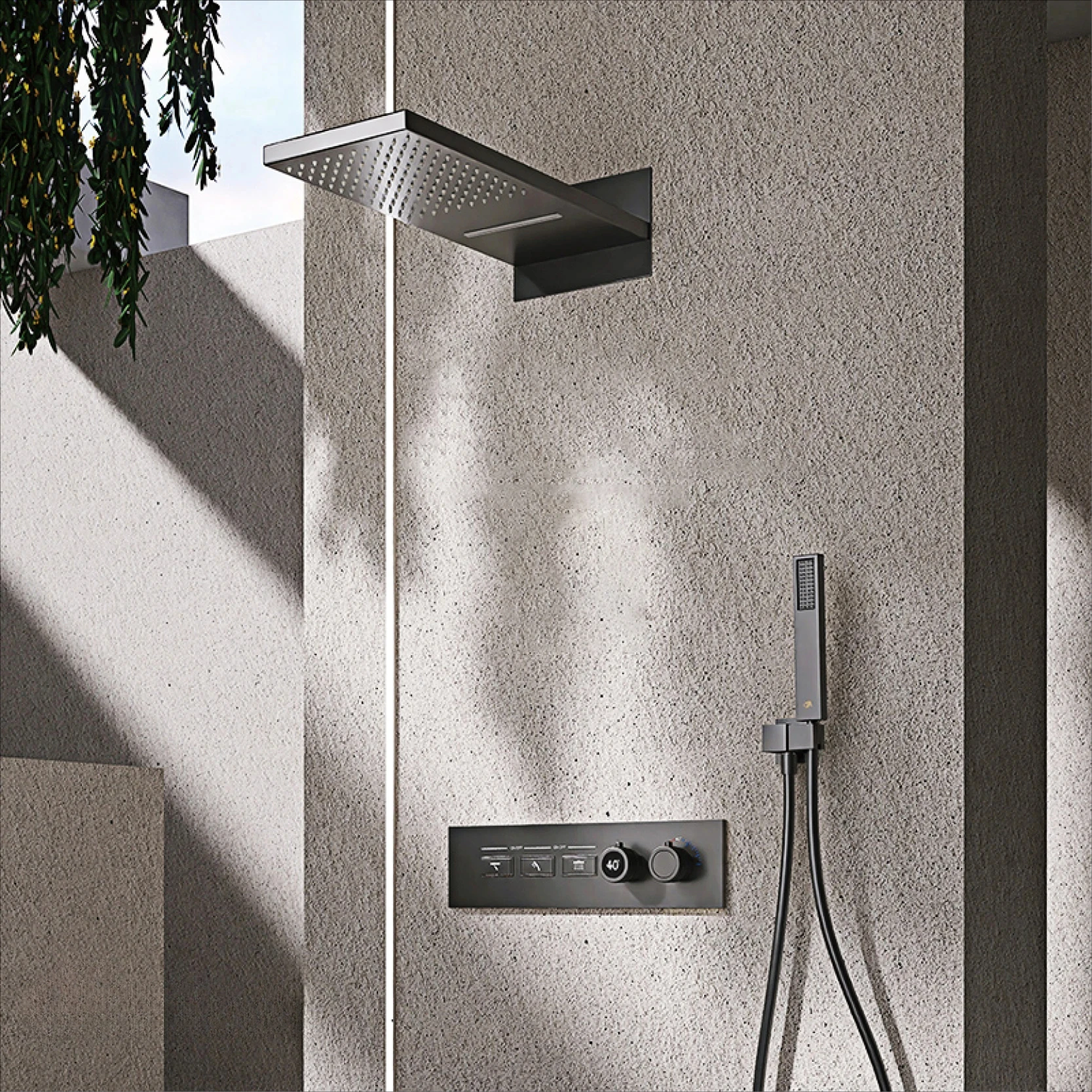 Luxury intelligent digital display brass shower system Black wall mounted design Dual control of cold & hot Hidden bathroom Tap
Luxury intelligent digital display brass shower system Black wall mounted design Dual control of cold & hot Hidden bathroom Tap