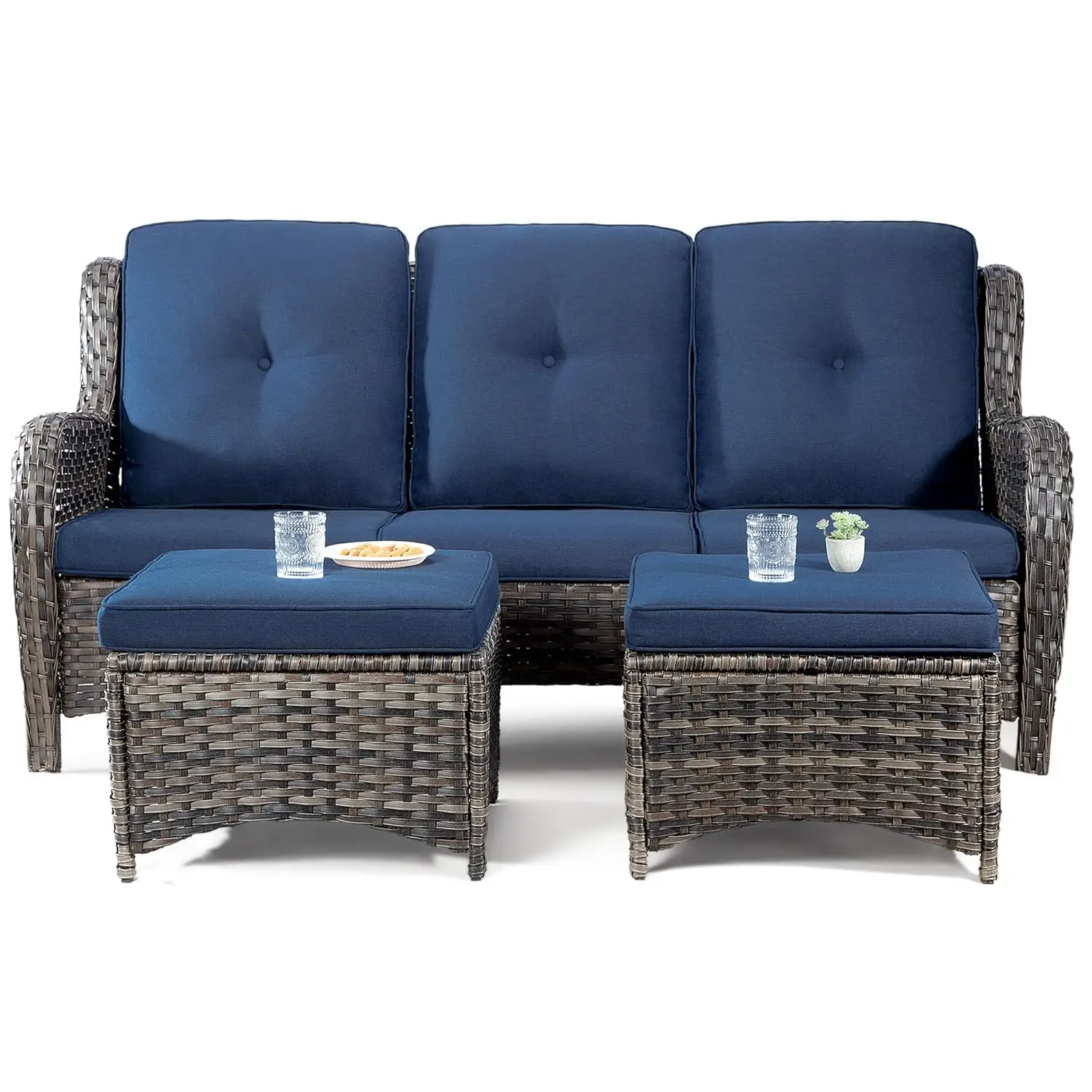 3-Piece Wicker Outdoor Sofa Set 3-Seat Couch 2 Ottomans Mixed Grey Cushions Patio Garden Balcony, Customized
3-Piece Wicker Outdoor Sofa Set 3-Seat Couch 2 Ottomans Mixed Grey Cushions Patio Garden Balcony, Customized