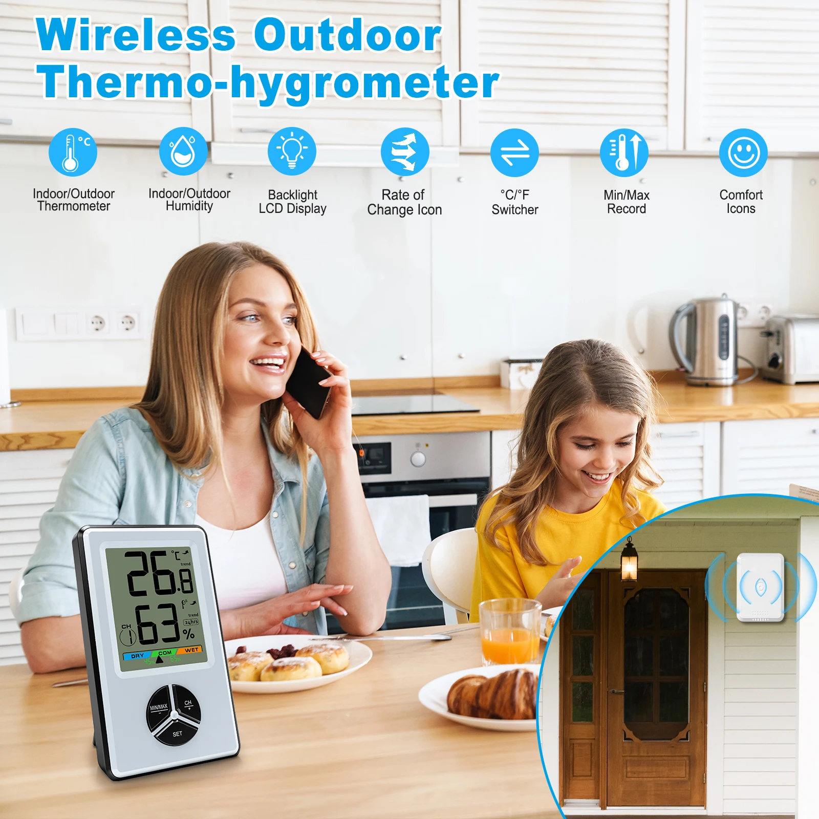 Беспроводной наружный комнатный термометр-гигрометр с монитором диапазона 328 футов, 8 локаций, ЖК-дисплей с подсветкой, индикатор воздушного комфорта для дома
Беспроводной наружный комнатный термометр-гигрометр с монитором диапазона 328 футов, 8 локаций, ЖК-дисплей с подсветкой, индикатор воздушного комфорта для дома