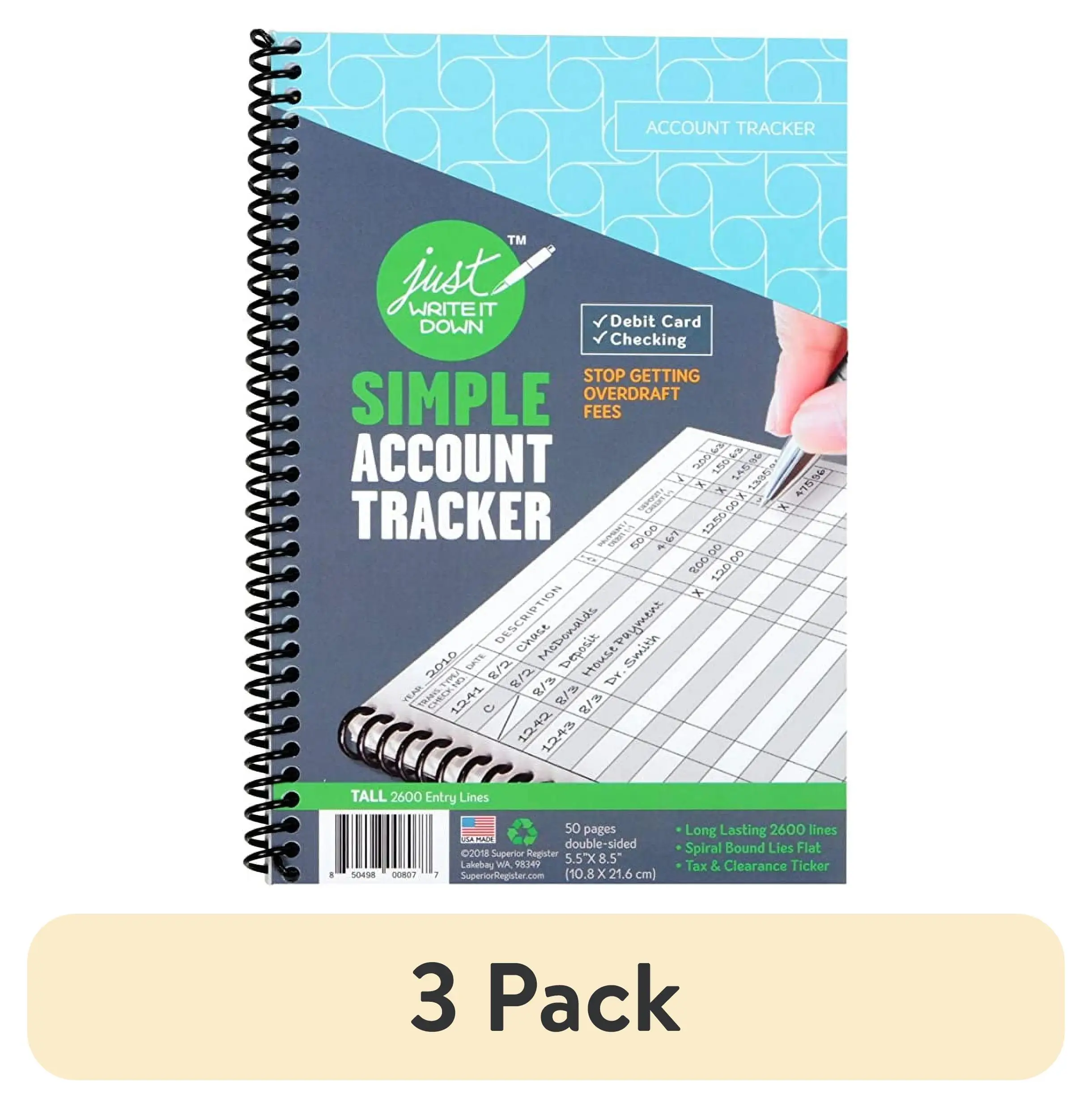 (3 pack) Superior Register Simple Account Tracker, 5.5 x 8.5, Money Ledger, 50 Pages, Spiral Bound, 1-Count
(3 pack) Superior Register Simple Account Tracker, 5.5 x 8.5, Money Ledger, 50 Pages, Spiral Bound, 1-Count
