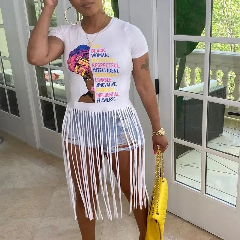 Women Summer Fashion 2024 Casual Short-sleeved Printed Tassel T-shirt Tops Indie Style White Black African Clothing Wholesale
Women Summer Fashion 2024 Casual Short-sleeved Printed Tassel T-shirt Tops Indie Style White Black African Clothing Wholesale