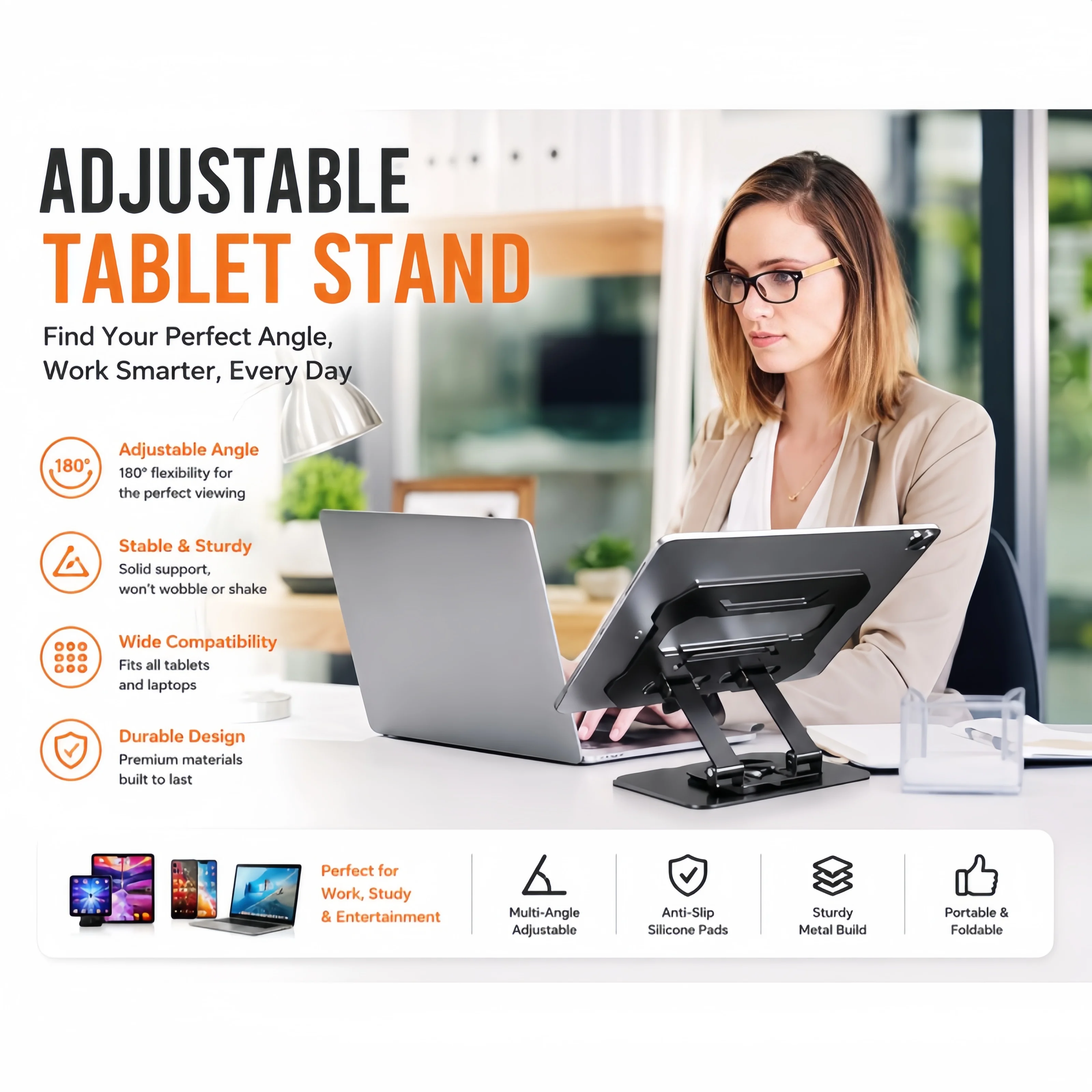 Universal Metal Tablet Desk Stand, 180° Height Adjustable, Stable Base for iPad/Phones/Laptops
Universal Metal Tablet Desk Stand, 180° Height Adjustable, Stable Base for iPad/Phones/Laptops