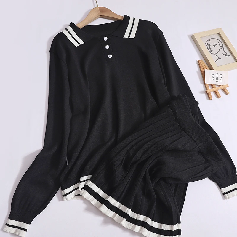 Women Fall Winter New Preppy Style Set Long Sleeved Contrast Color Polo Collar Top and High Waist Pleated Skirt Sports Knit Suit
Women Fall Winter New Preppy Style Set Long Sleeved Contrast Color Polo Collar Top and High Waist Pleated Skirt Sports Knit Suit
