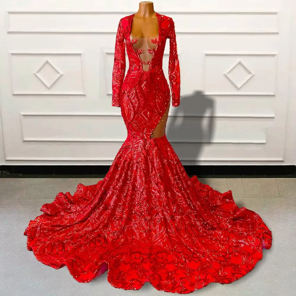 Sparkly Sequined Red Prom Dresses Black Girls Luxury Mermaid Open Back Long Sleeves Evening Gown Birthday Party Gala Dresses
Sparkly Sequined Red Prom Dresses Black Girls Luxury Mermaid Open Back Long Sleeves Evening Gown Birthday Party Gala Dresses