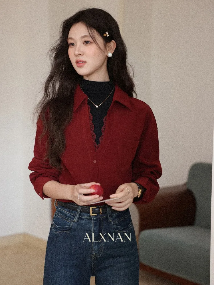 ALXNAN Women Red Lace Panel Blouse Turn Down Collar Vintage Autumn Winter Office Lady Frill Shirt Elegant Retro Tops L59522
ALXNAN Women Red Lace Panel Blouse Turn Down Collar Vintage Autumn Winter Office Lady Frill Shirt Elegant Retro Tops L59522