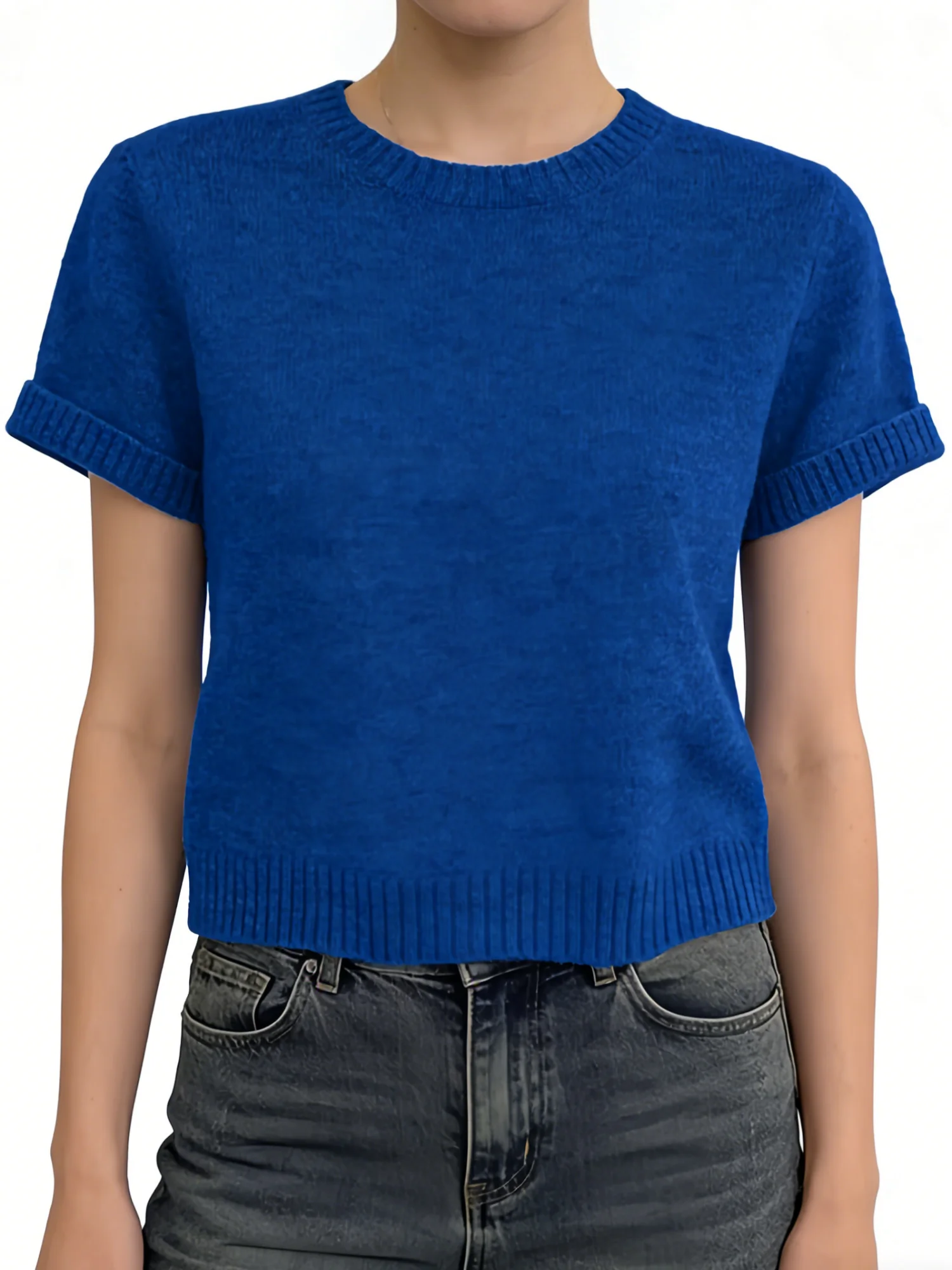 Women's royal blue plus size spring/summer casual simple knitted round neck short sleeved top
Women's royal blue plus size spring/summer casual simple knitted round neck short sleeved top