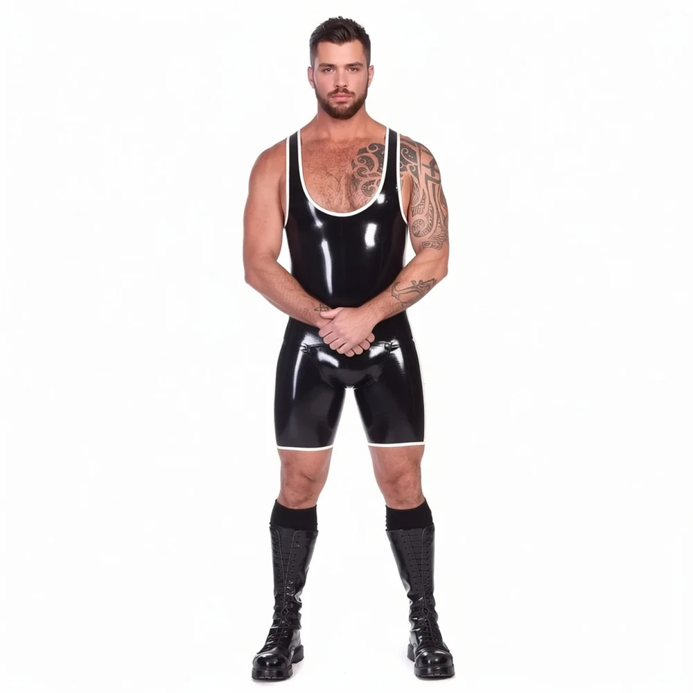 Jumpsuits Men's Black Latex Wrestling Singlet - Shiny Rubber Bodysuit with White Trim Club Party Wear
Jumpsuits Men's Black Latex Wrestling Singlet - Shiny Rubber Bodysuit with White Trim Club Party Wear