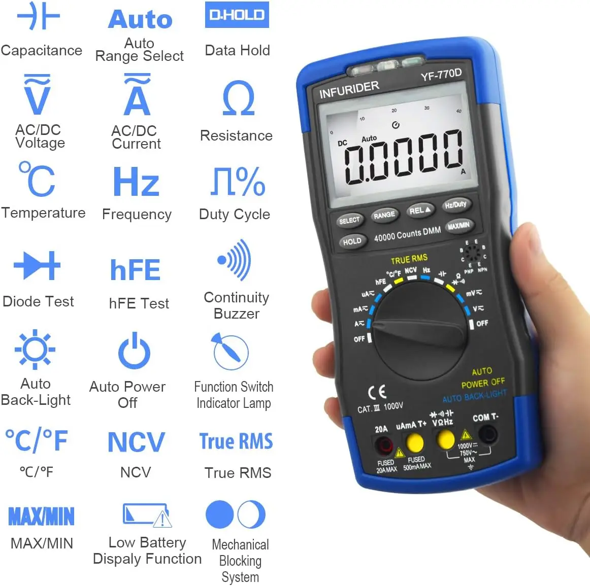HP-770D Digital Multimeter Clamp Meter, AC/DC Voltage & Current, Resistance, Capacitance, Temperature, hFE Test with Auto Range
HP-770D Digital Multimeter Clamp Meter, AC/DC Voltage & Current, Resistance, Capacitance, Temperature, hFE Test with Auto Range