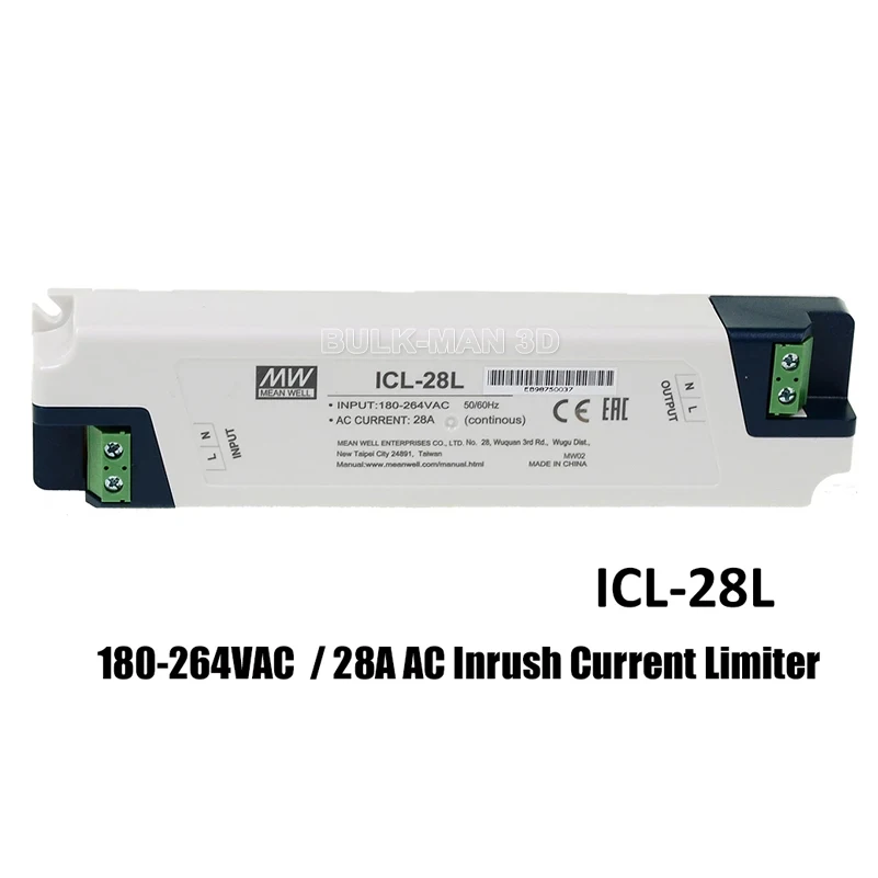 Mean Well Switching Power Supply ICL-28L DIN Rail 28A Strip Type AC Inrush Current Limiter Built-in Thermal FuseBypass Relay
Mean Well Switching Power Supply ICL-28L DIN Rail 28A Strip Type AC Inrush Current Limiter Built-in Thermal FuseBypass Relay