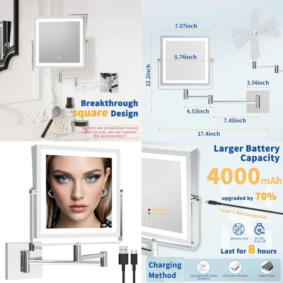 Rechargeable Wall Mounted Makeup Mirror with Lights, Double Sided 1X/7X Magnifying Vanity Mirror with 3 Color Lighting, Touch S
Rechargeable Wall Mounted Makeup Mirror with Lights, Double Sided 1X/7X Magnifying Vanity Mirror with 3 Color Lighting, Touch S