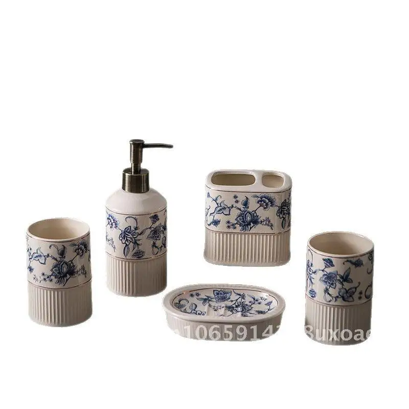 Antique Blue Flower Ceramic Bathroom Five-Piece Set Vintage Style Toilet Supplies for Wedding Housewarming Birthday Festival
Antique Blue Flower Ceramic Bathroom Five-Piece Set Vintage Style Toilet Supplies for Wedding Housewarming Birthday Festival