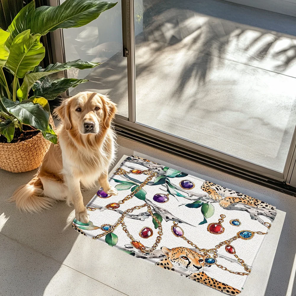 Luxury Leopard and Gold Chain Door Mat, Fashionable Animal Print Gemstone Pattern Non-Slip Floor Rug for Entryway Bathroom Home
Luxury Leopard and Gold Chain Door Mat, Fashionable Animal Print Gemstone Pattern Non-Slip Floor Rug for Entryway Bathroom Home