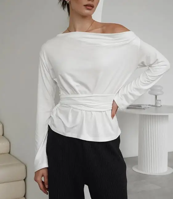 Women Top 2026 Spring Fashionable British Style High-End Elegant Slanted Collar Off Shoulder Tie Waist Cinched Long Sleeved Top
Women Top 2026 Spring Fashionable British Style High-End Elegant Slanted Collar Off Shoulder Tie Waist Cinched Long Sleeved Top