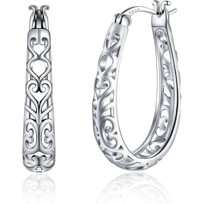 Lightweight 925 Sterling Silver Vintage Filigree Oval Hoop Earrings for Women.Hypoallergenic and Elegantly Designed.
Lightweight 925 Sterling Silver Vintage Filigree Oval Hoop Earrings for Women.Hypoallergenic and Elegantly Designed.
