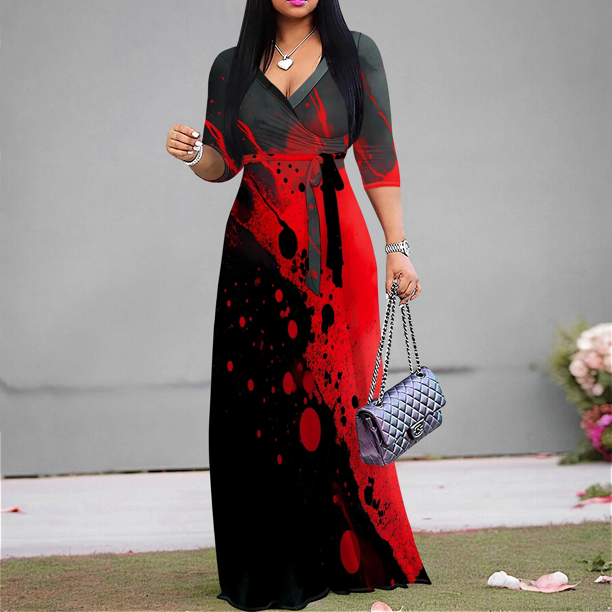Red Black Paint Splash Maxi Dress S-3XL V-Neck Wrap Style with Tie Waist & 3/4 Sleeves for Art Show, Party or Street Look
Red Black Paint Splash Maxi Dress S-3XL V-Neck Wrap Style with Tie Waist & 3/4 Sleeves for Art Show, Party or Street Look