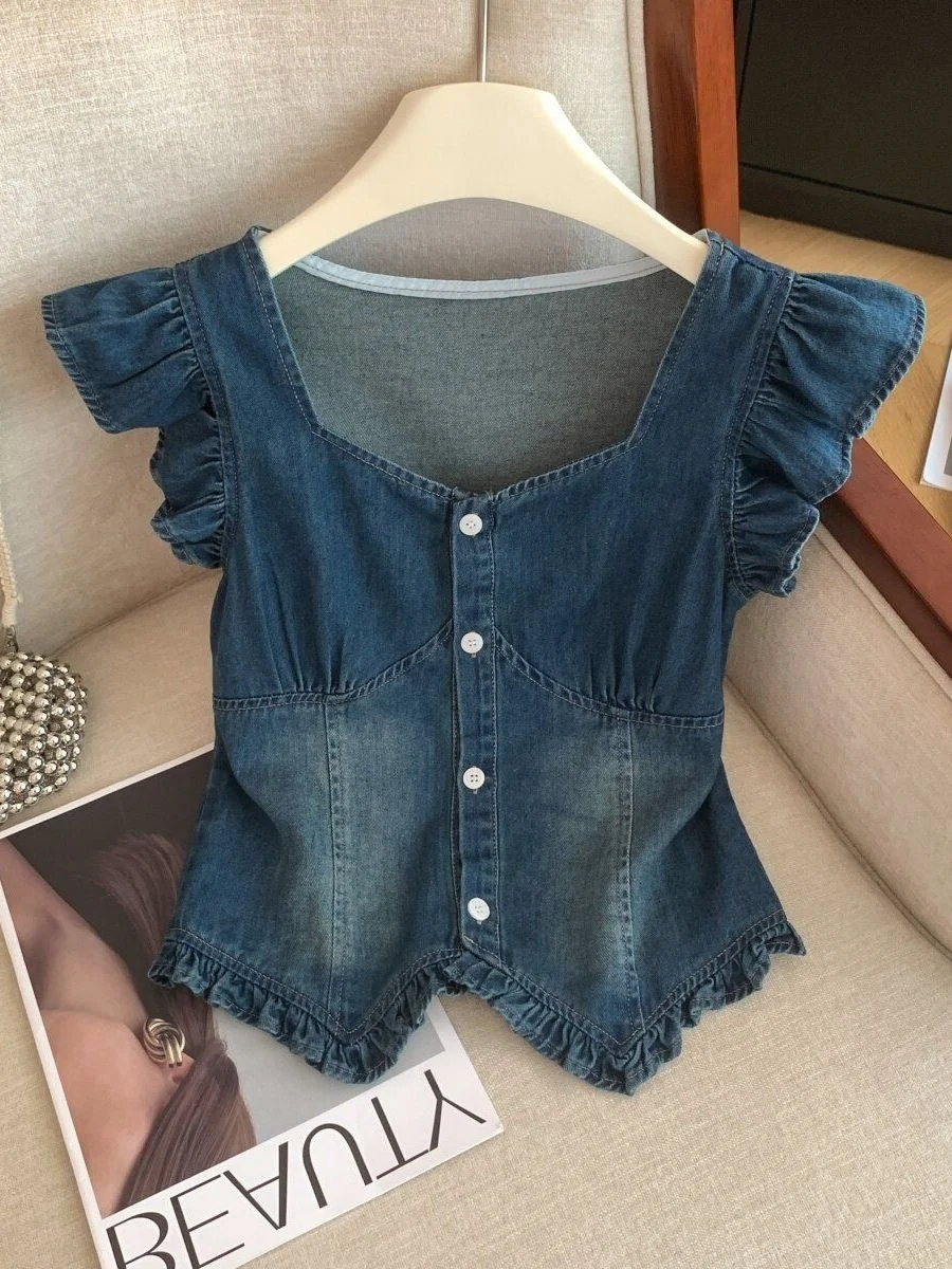 Retro Washed Denim Shirt Women's Summer 2026 New Style French Fashion Square Collar Small Fly Sleeve Slim Short Top
Retro Washed Denim Shirt Women's Summer 2026 New Style French Fashion Square Collar Small Fly Sleeve Slim Short Top