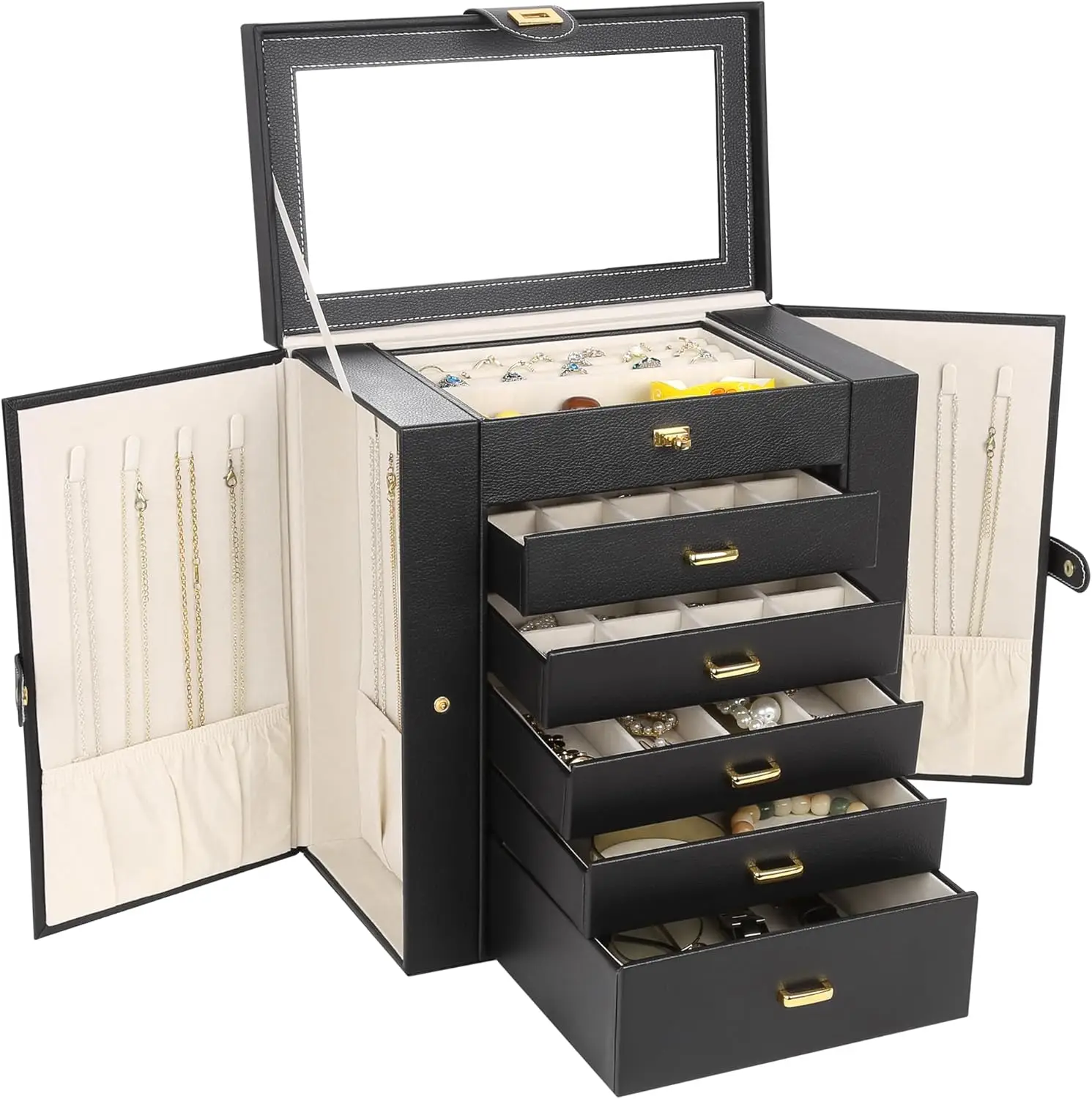 Extra Large Jewelry Box with Mirror, 6 Tier 5 Drawers PU Leather Storage Organizer for Watches and Gifts, Black
Extra Large Jewelry Box with Mirror, 6 Tier 5 Drawers PU Leather Storage Organizer for Watches and Gifts, Black