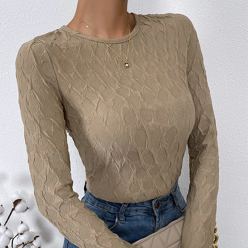 2023 Khaki Color Spring Summer T-shirt Round Neck Long Sleeve Lattice Print Shirt Korean Style Solid Color Casual Tops for Women
2023 Khaki Color Spring Summer T-shirt Round Neck Long Sleeve Lattice Print Shirt Korean Style Solid Color Casual Tops for Women
