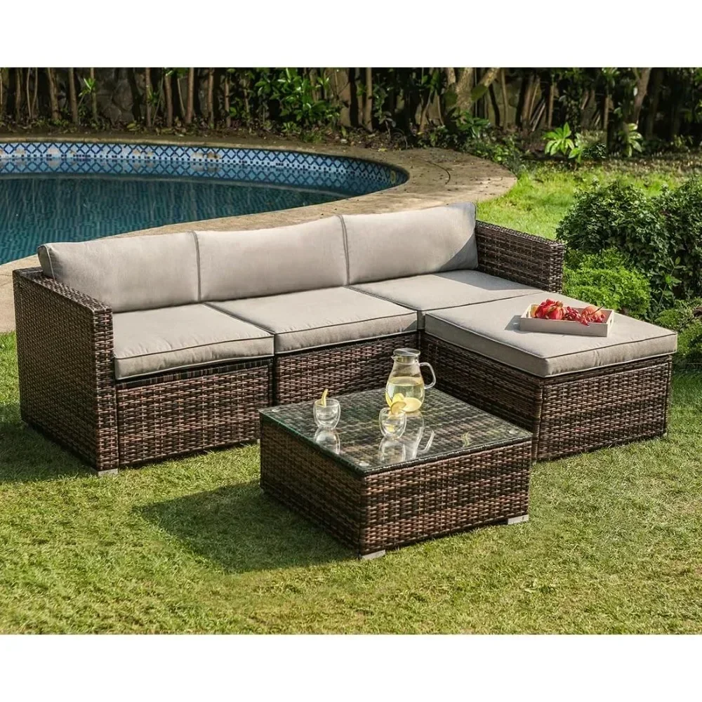 Outdoor Furniture All-Weather Brown Wicker Sectional Sofa W Warm Gray Thick Cushions, Glass-Top Coffee Table,Garden Sofas
Outdoor Furniture All-Weather Brown Wicker Sectional Sofa W Warm Gray Thick Cushions, Glass-Top Coffee Table,Garden Sofas
