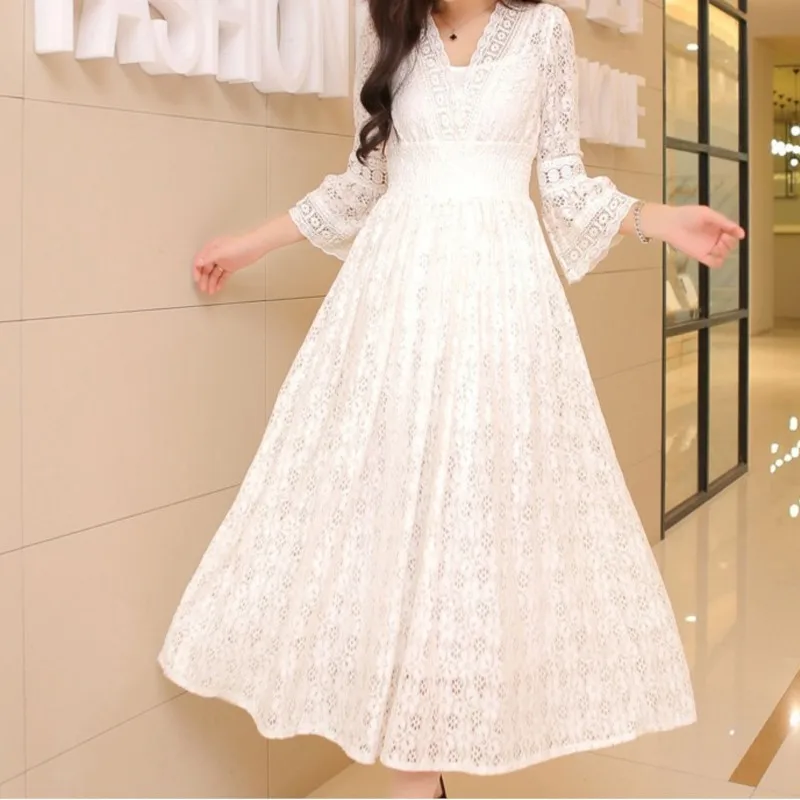 Elegant Solid Lace Women's Midi Dress Summer Sexy V-neck Flared Sleeve Design High Waisted Dresses Ladies Vacation Vestidos
Elegant Solid Lace Women's Midi Dress Summer Sexy V-neck Flared Sleeve Design High Waisted Dresses Ladies Vacation Vestidos