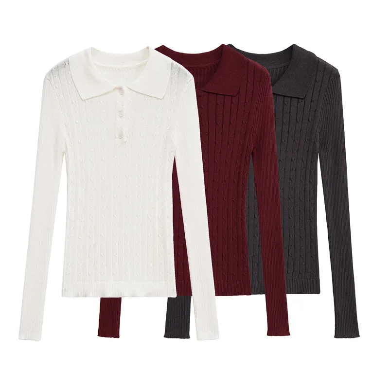 Solid Knit Twisted Slim T-shirt Women Three Buttons Turndown Collar Long Sleeve T-shirts Autumn Simple Vintage Casual Tees Tops
Solid Knit Twisted Slim T-shirt Women Three Buttons Turndown Collar Long Sleeve T-shirts Autumn Simple Vintage Casual Tees Tops