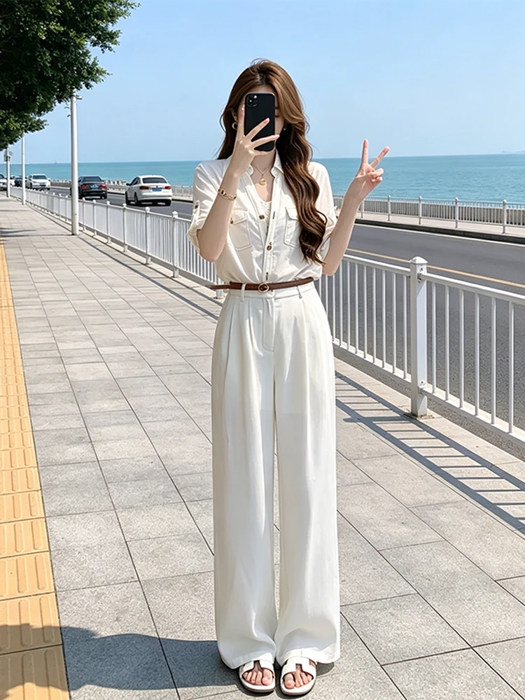 Elegant Summer Fashion Set Women's Slim Fit Short Sleeve Shirt And Straight Leg Pants Two Piece Suit Casual Style High Waist
Elegant Summer Fashion Set Women's Slim Fit Short Sleeve Shirt And Straight Leg Pants Two Piece Suit Casual Style High Waist