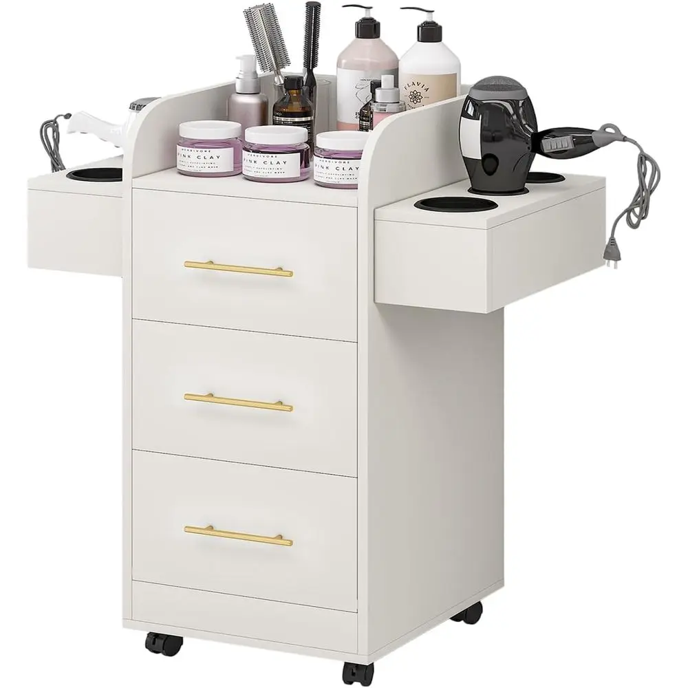 Mobile Hair Stylist Station with 6 Dryer Holders, 3 Drawers, White and Gold
Mobile Hair Stylist Station with 6 Dryer Holders, 3 Drawers, White and Gold