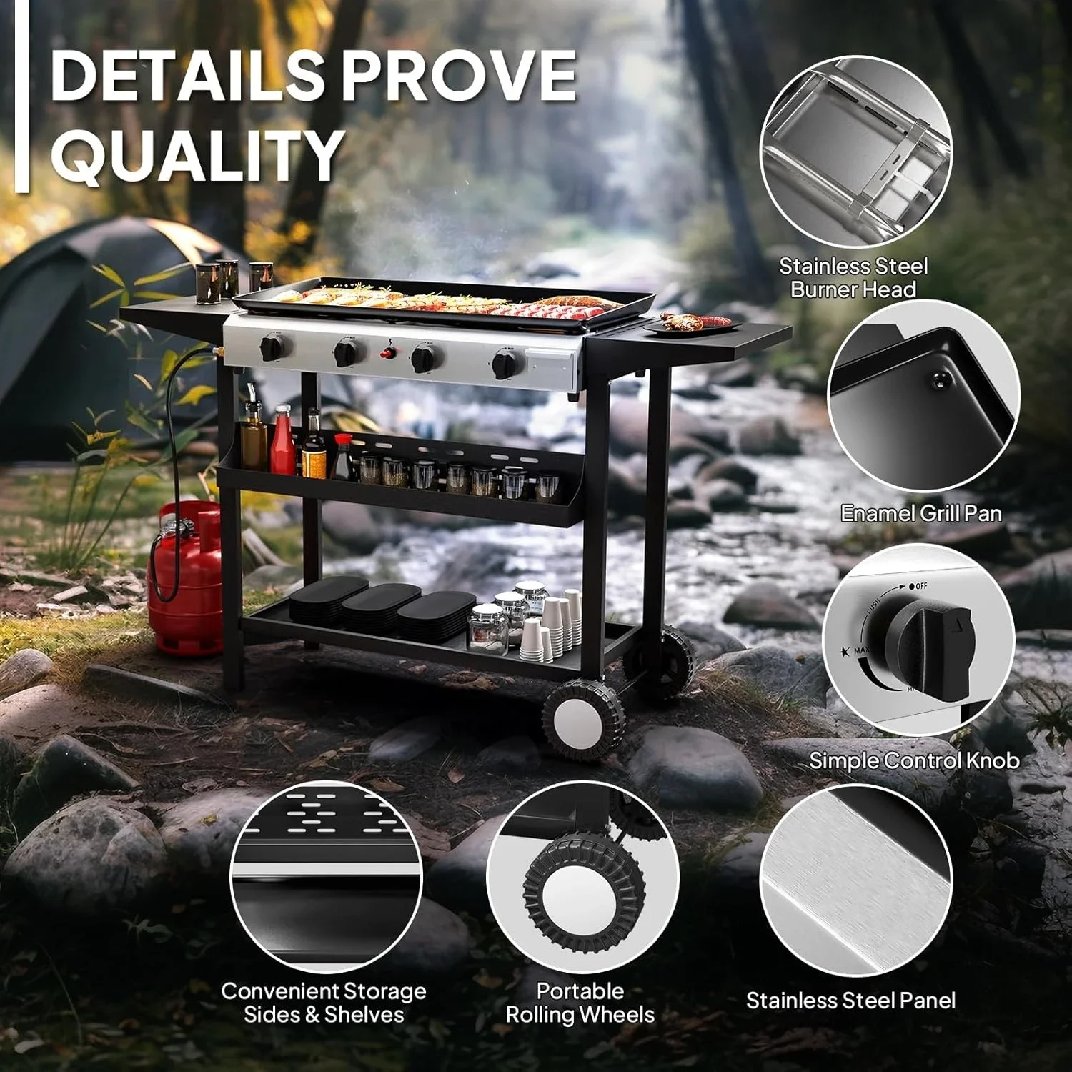 4 Burner Portable Propane Griddle with Nonstick Enameled Tray, 40000 BTU Rolling Flat Top Gas Grill with Electronic Ignition
4 Burner Portable Propane Griddle with Nonstick Enameled Tray, 40000 BTU Rolling Flat Top Gas Grill with Electronic Ignition