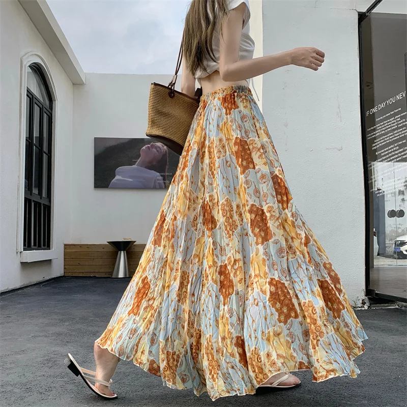 Bohemian Chiffon Print Pleated High Waist Slim A-Line Midi Skirt Women's Elastic Waist Full Length Umbrella Skirt Bell Bottoms
Bohemian Chiffon Print Pleated High Waist Slim A-Line Midi Skirt Women's Elastic Waist Full Length Umbrella Skirt Bell Bottoms