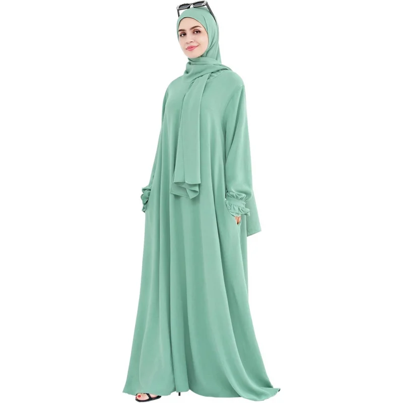 Women Muslim Dress Middle East Arabian Robe Islamic Modest Dress with Hijab Scarf Lace Sleeve Flowy Abaya Dress
Women Muslim Dress Middle East Arabian Robe Islamic Modest Dress with Hijab Scarf Lace Sleeve Flowy Abaya Dress