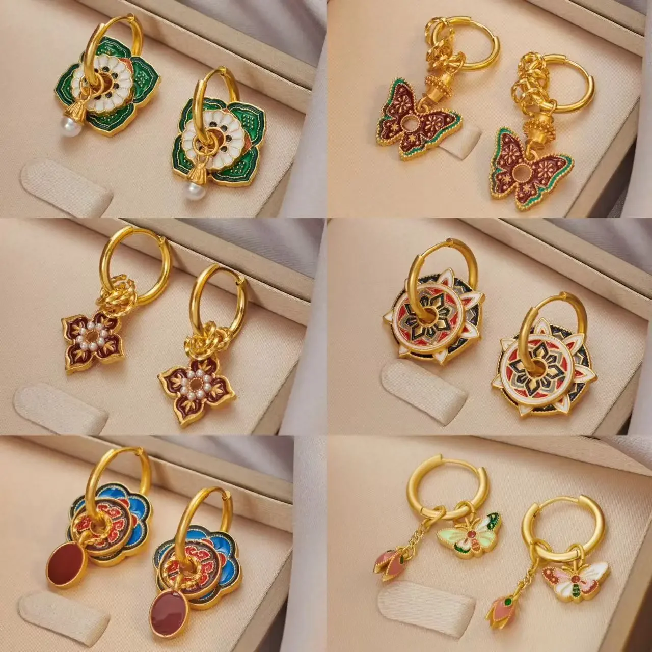 Vintage Chinese Colorful Enamel Earrings for Women Ethnic Design Gold Plated Multiple Wear Ways Flower Shape Luxury Jewelry Gift
Vintage Chinese Colorful Enamel Earrings for Women Ethnic Design Gold Plated Multiple Wear Ways Flower Shape Luxury Jewelry Gift