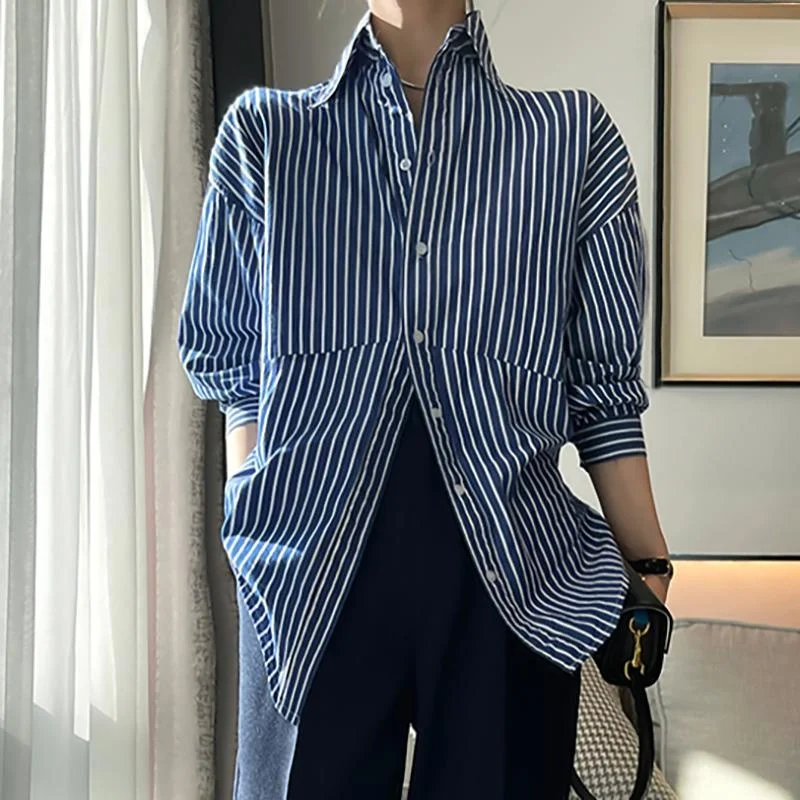 Womens Blouse Long Sleeve Button Shirs Blue and White Striped Shirt Loose Women Tops
Womens Blouse Long Sleeve Button Shirs Blue and White Striped Shirt Loose Women Tops