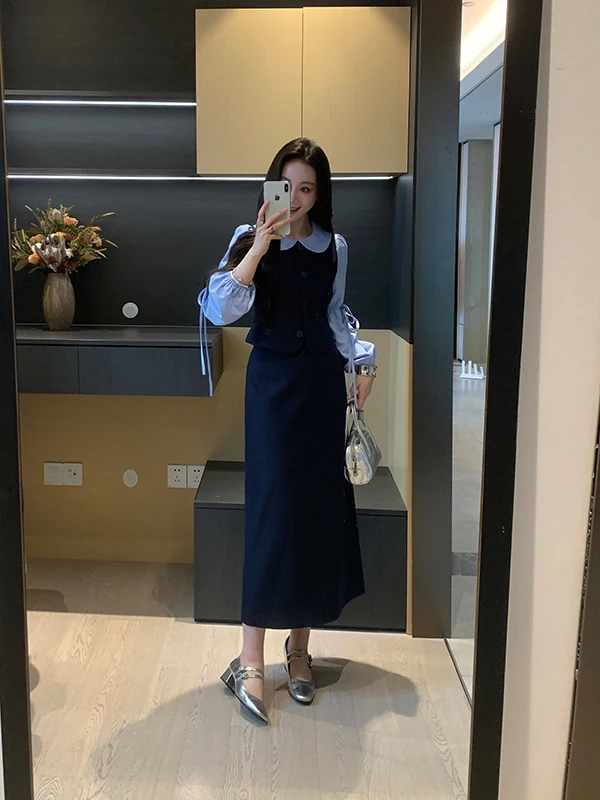 Seoul Girl Spring Shirt Vest Doll Collar Half Skirt Slimming Elegant Set Women's Fashion Ensemble Long Sleeve Midi Shirt
Seoul Girl Spring Shirt Vest Doll Collar Half Skirt Slimming Elegant Set Women's Fashion Ensemble Long Sleeve Midi Shirt