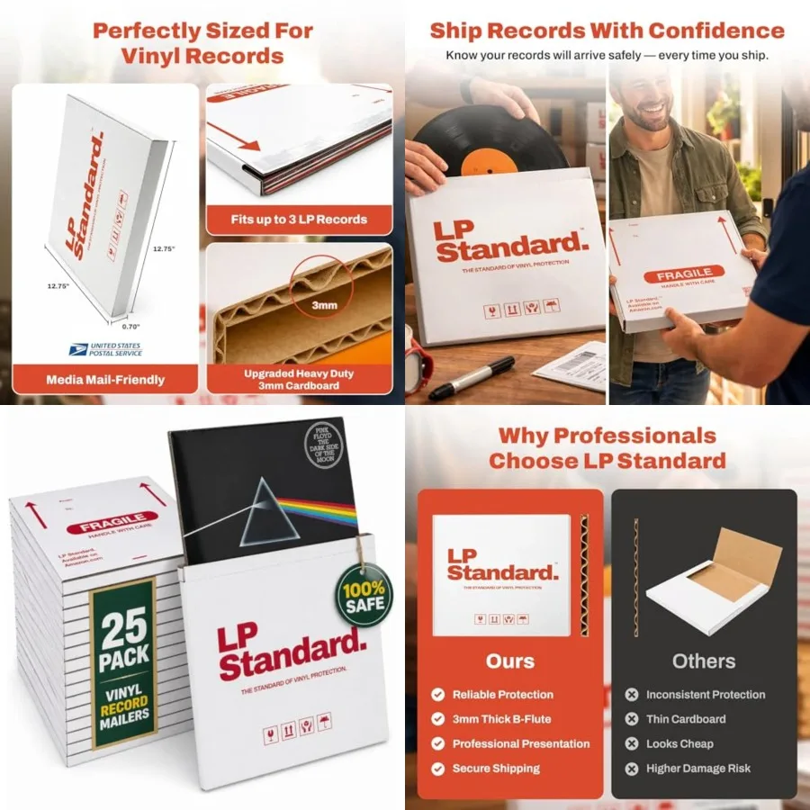 LP Standard Heavy Duty Vinyl Record Mailers For 12.5" X 12.5" x 1" Records 3x Cardboard Thickness, Protective Warning Icons, an
LP Standard Heavy Duty Vinyl Record Mailers For 12.5" X 12.5" x 1" Records 3x Cardboard Thickness, Protective Warning Icons, an