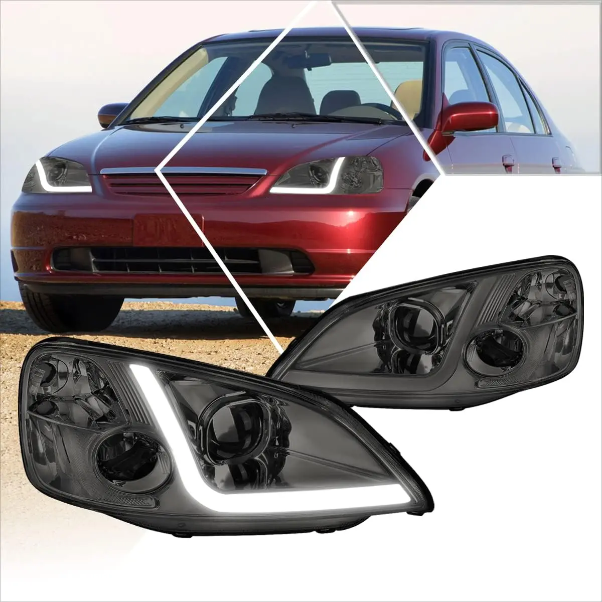 Фара в сборе, совместимая с Honda Civic Coupe/Sedan 2001-2003 годов, фары для проектора со светодиодной подсветкой DRL, дымчатые линзы
Фара в сборе, совместимая с Honda Civic Coupe/Sedan 2001-2003 годов, фары для проектора со светодиодной подсветкой DRL, дымчатые линзы