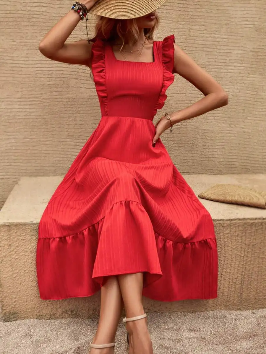 Red Ruffle Hem Square Neck Sleeveless Maxi Dress For Vacation Beach Outfit
Red Ruffle Hem Square Neck Sleeveless Maxi Dress For Vacation Beach Outfit