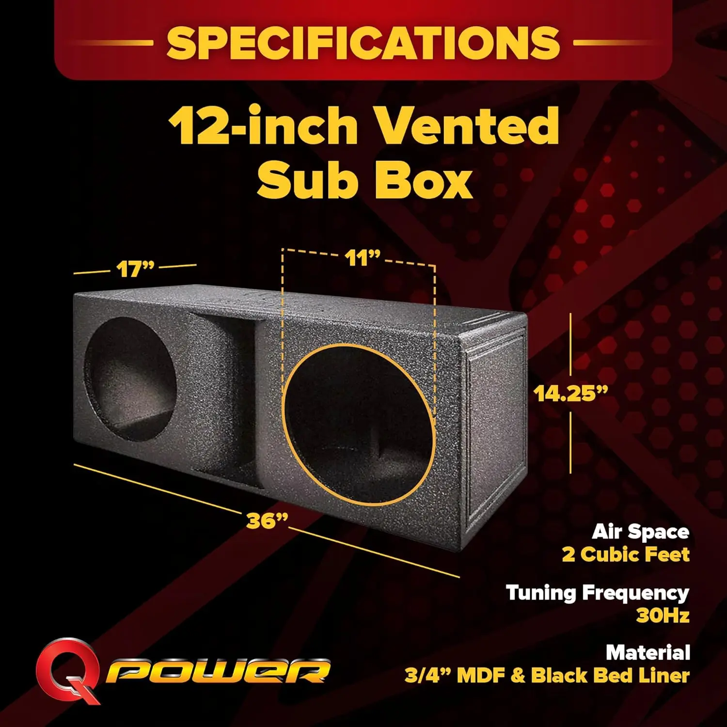 QBomb Dual Vented Horn Ported Subwoofer Box Finished with Bed Liner
QBomb Dual Vented Horn Ported Subwoofer Box Finished with Bed Liner