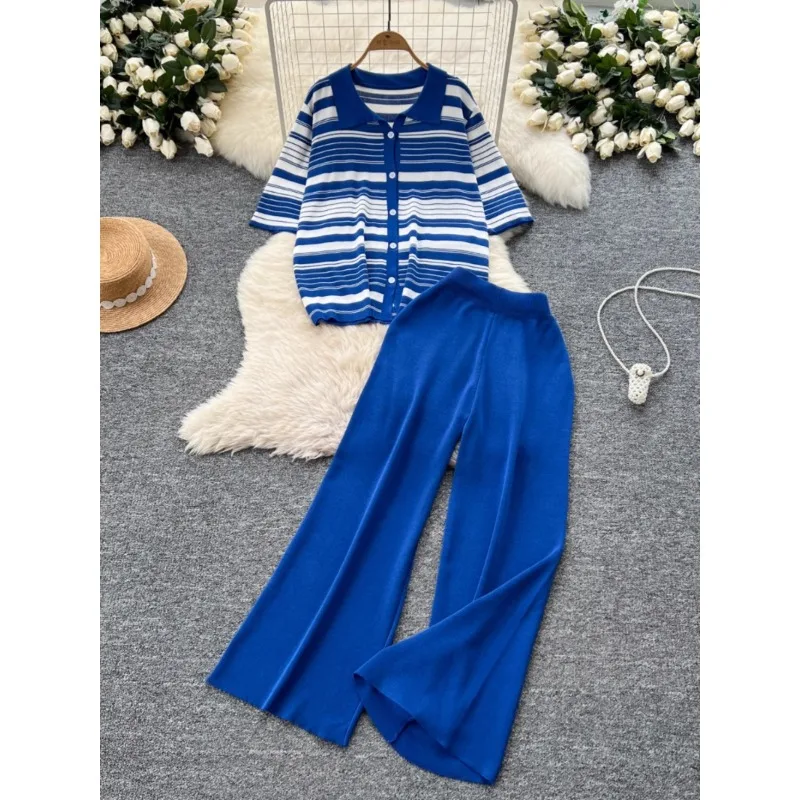 Fashion Knitted Pants Suit Women 2-piece 2025 Summer Lazy Loose Striped Short Sleeve Tops High Waist Casual Wide Leg Trousers
Fashion Knitted Pants Suit Women 2-piece 2025 Summer Lazy Loose Striped Short Sleeve Tops High Waist Casual Wide Leg Trousers