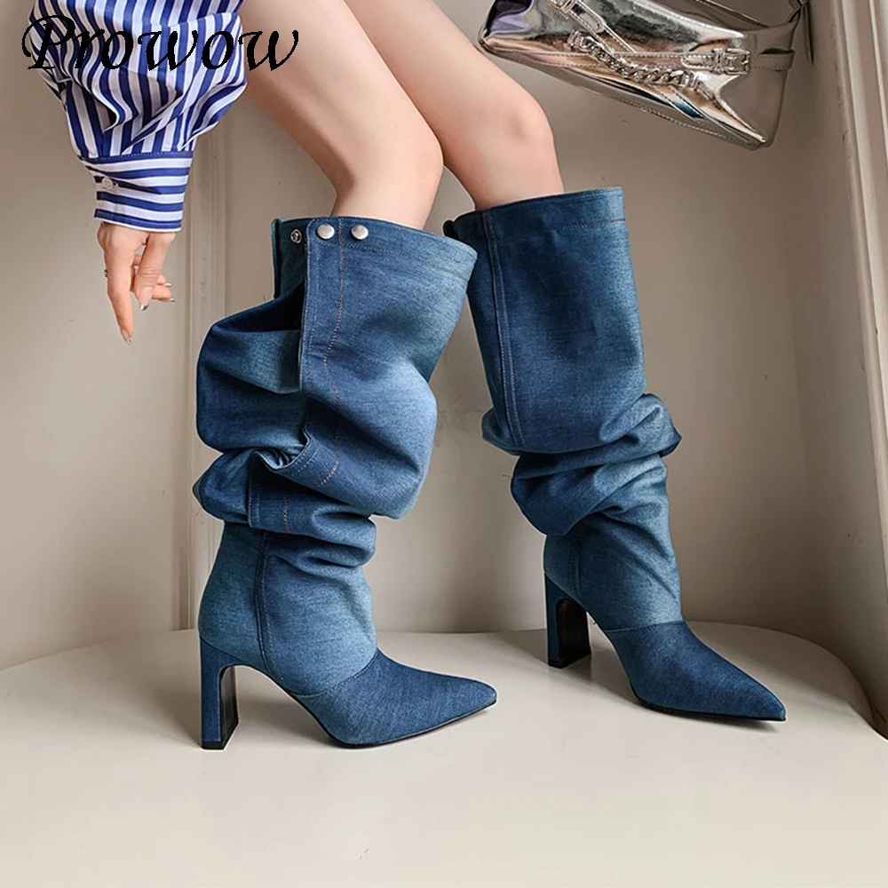 Новые джинсовые сапоги до колена с острым носком и металлической пряжкой, плиссированные сапоги до колена на высоком каблуке, женская обувь Zapatos Mujer 
Новые джинсовые сапоги до колена с острым носком и металлической пряжкой, плиссированные сапоги до колена на высоком каблуке, женская обувь Zapatos Mujer
