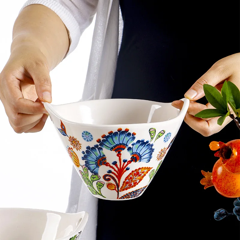 Rustic Creative Painted Ceramic Noodle Bowl with Double Ears for Home Use
Rustic Creative Painted Ceramic Noodle Bowl with Double Ears for Home Use