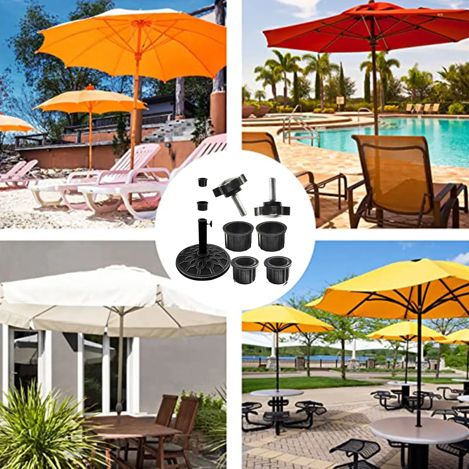 6Pc Umbrella Base Mounting Accessories for Various Outdoor Poles Includes Black Plastic and Stainless Steel Parts
6Pc Umbrella Base Mounting Accessories for Various Outdoor Poles Includes Black Plastic and Stainless Steel Parts