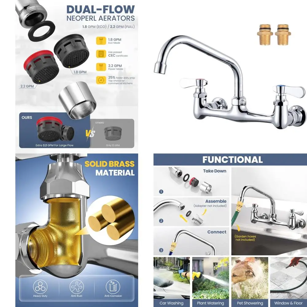 Настенный кухонный смеситель с 8-позиционным поворотным изливом и двумя ручками, полированная хромированная отделка, для хозяйственных или ресторанных раковин
Настенный кухонный смеситель с 8-позиционным поворотным изливом и двумя ручками, полированная хромированная отделка, для хозяйственных или ресторанных раковин