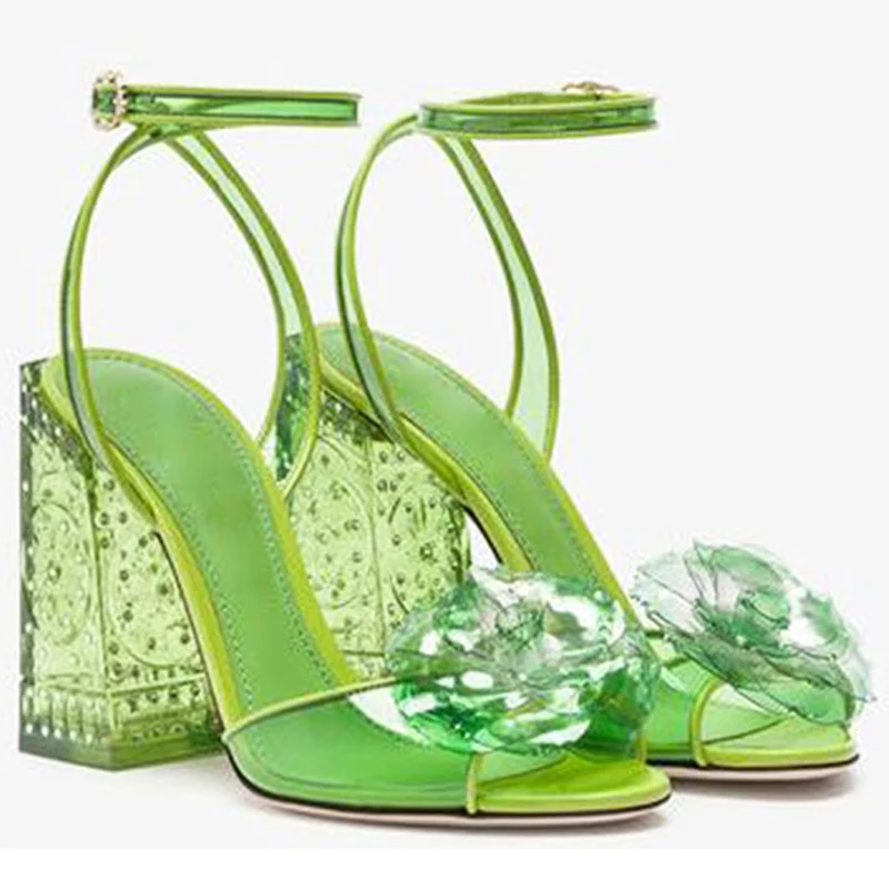 Summer Clear PVC Flower Sandals Carved Floral Chunky Crystal Heels Wedding Shoes Green pink Ankle Strap Open Toe Shoes
Summer Clear PVC Flower Sandals Carved Floral Chunky Crystal Heels Wedding Shoes Green pink Ankle Strap Open Toe Shoes