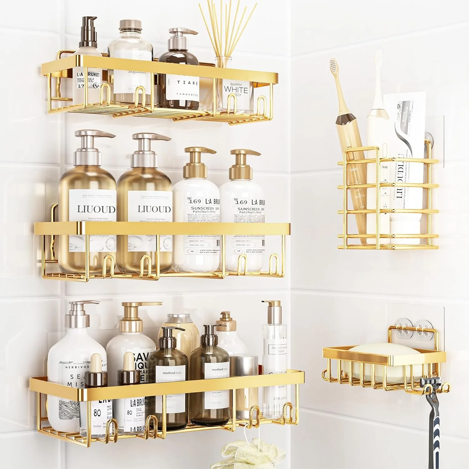 Gold Shower Caddy Set with Strong Adhesive for Bathroom Organization, Rustproof Stainless Steel Shampoo Holder and Storage
Gold Shower Caddy Set with Strong Adhesive for Bathroom Organization, Rustproof Stainless Steel Shampoo Holder and Storage