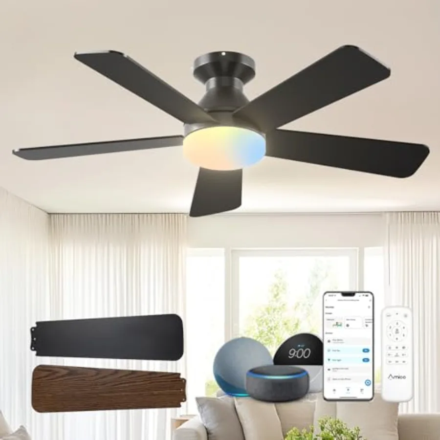 42 inch Smart Ceiling Fan with Light for Bedroom: Black Low Profile Flush Mount DC Motor, 5 Blades, 6 Speeds, 3CCT Dimmable LED
42 inch Smart Ceiling Fan with Light for Bedroom: Black Low Profile Flush Mount DC Motor, 5 Blades, 6 Speeds, 3CCT Dimmable LED