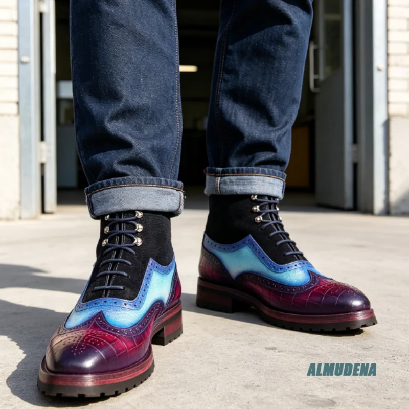Gradient Purple Blue Spliced Embossed Leather Combat Boots Men Fashion Silver Metal Eyelet Lace Up Outdoor Formal Ankle Boots
Gradient Purple Blue Spliced Embossed Leather Combat Boots Men Fashion Silver Metal Eyelet Lace Up Outdoor Formal Ankle Boots